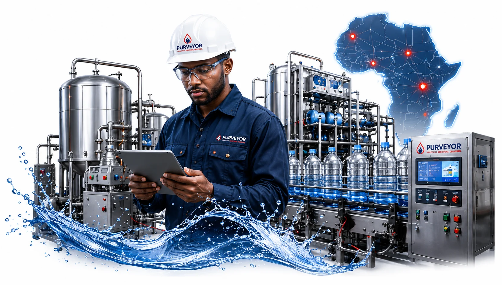 Purveyor engineer with industrial water treatment and bottling systems